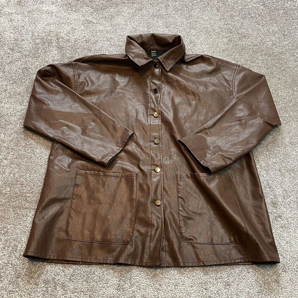 Shein Faux Leather Jacket Coat Womens 6 Medium Brown Button Up Collared Pockets